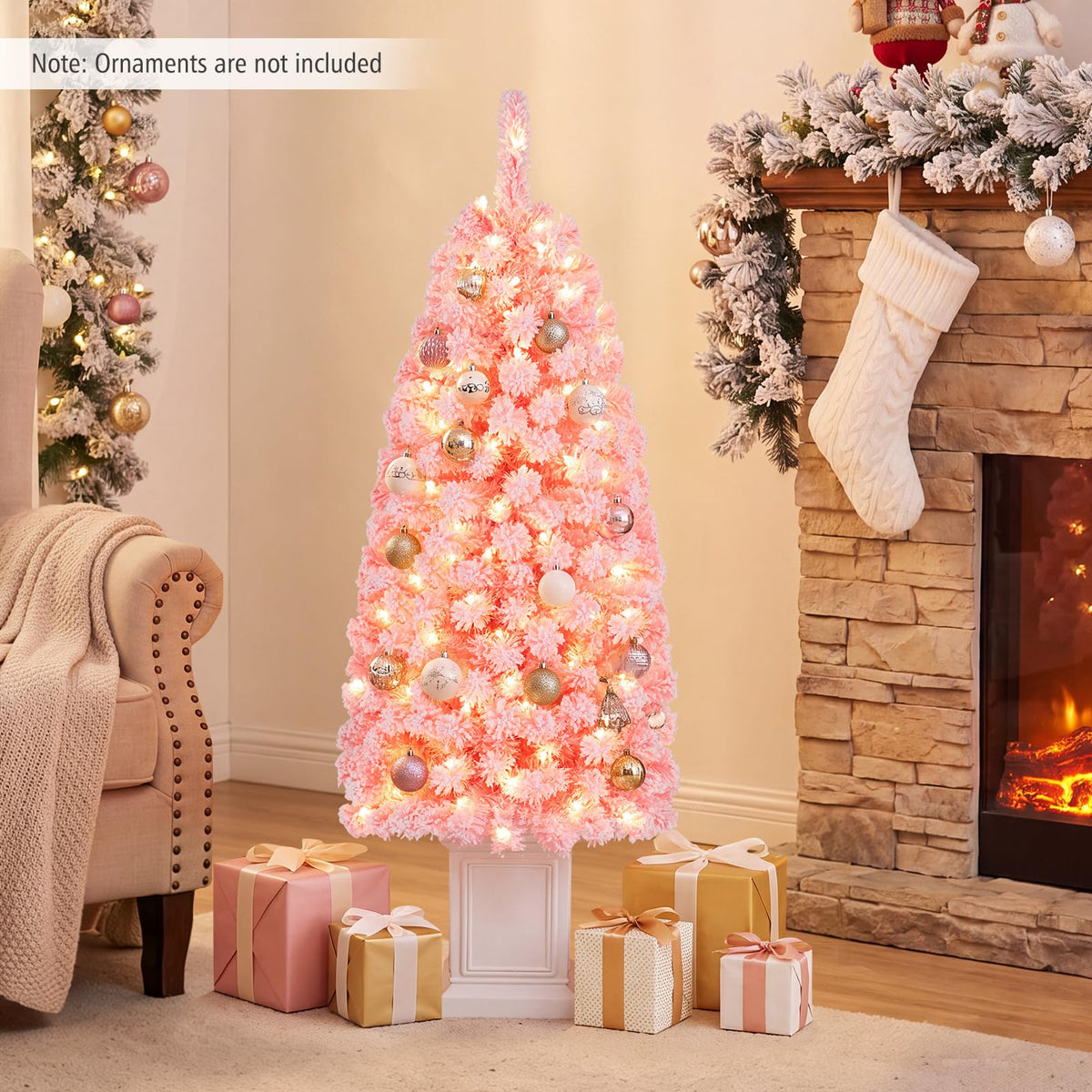 GOFLAME 4FT/5FT Pre-lit Potted Christmas Tree | Snow Flocked Pink Christmas Tree