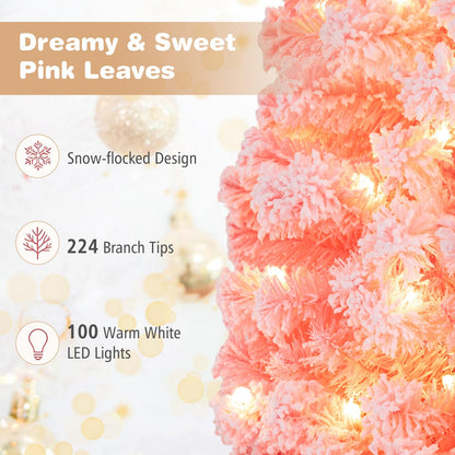 GOFLAME 4FT/5FT Pre-lit Potted Christmas Tree | Snow Flocked Pink Christmas Tree