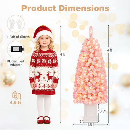 GOFLAME 4FT/5FT Pre-lit Potted Christmas Tree | Snow Flocked Pink Christmas Tree