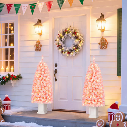 GOFLAME 4FT/5FT Pre-lit Potted Christmas Tree | Snow Flocked Pink Christmas Tree