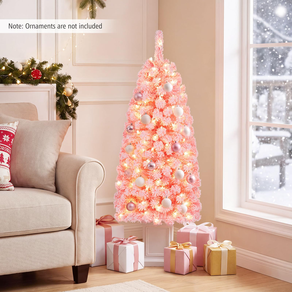 GOFLAME 4FT/5FT Pre-lit Potted Christmas Tree | Snow Flocked Pink Christmas Tree
