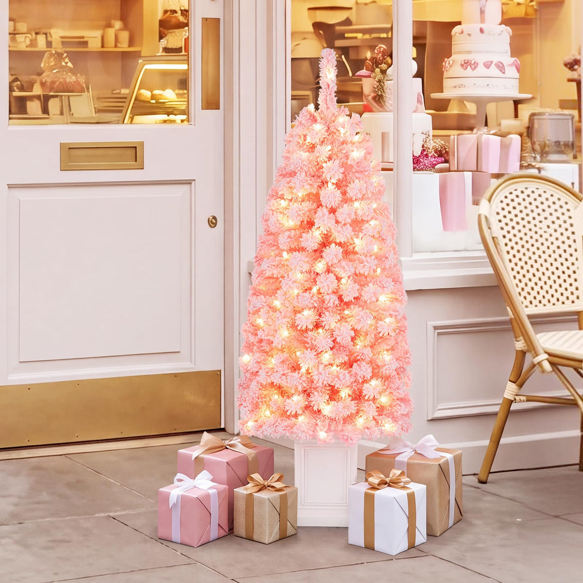 GOFLAME 4FT/5FT Pre-lit Potted Christmas Tree | Snow Flocked Pink Christmas Tree