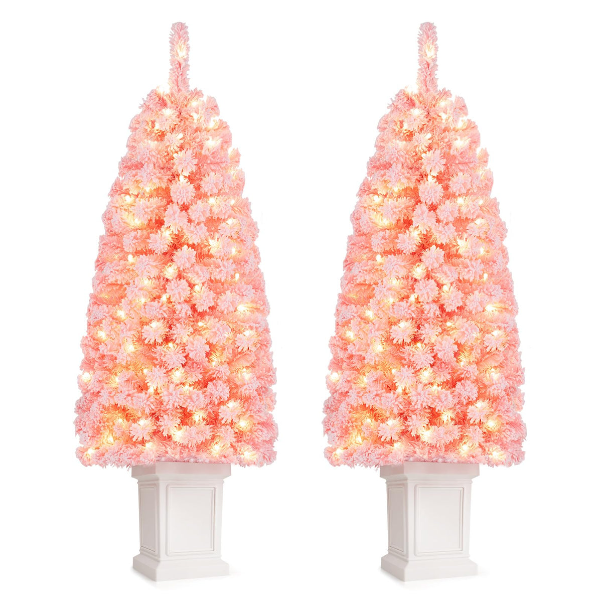 GOFLAME 4FT/5FT Pre-lit Potted Christmas Tree | Snow Flocked Pink Christmas Tree