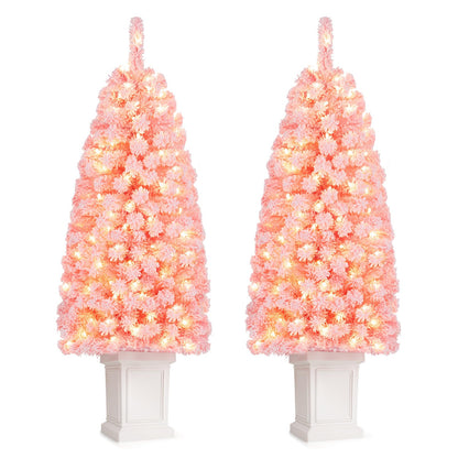 GOFLAME 4FT/5FT Pre-lit Potted Christmas Tree | Snow Flocked Pink Christmas Tree