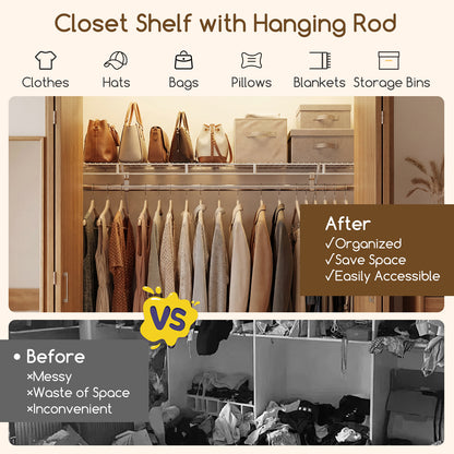 Wall Mounted Closet Shelf with Hanging Rod, 4 ft x 12” Metal Wire Storage Shelf & Clothes Rod Organizer