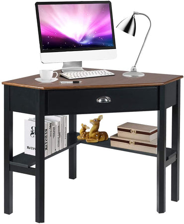 Computer Corner Desk, Wood Compact Home Office Writing Workstation with Drawer and Shelves