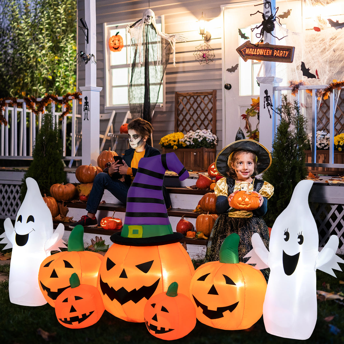 9FT Long Halloween Inflatable Pumpkin with 2 Ghosts, Blow up Yard Decoration with Built-in LED Lights