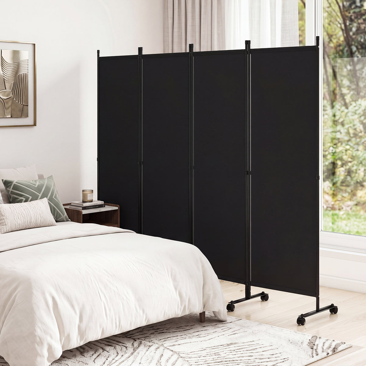 4 Panel Folding Room Divider, 6FT Rolling Privacy Screen with Lockable Wheels