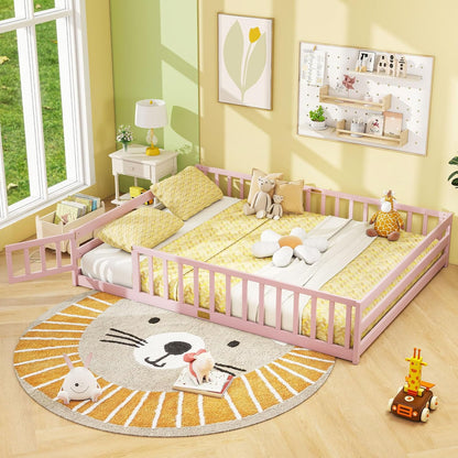 Goflame Floor Bed with Door & Fence Kids Wood Montessori Beds with Safety Guardrails