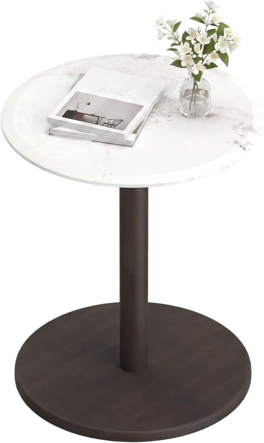 Goflame Round Marble Side Table w/Stone Finish & Wooden Pedestal (1/2)