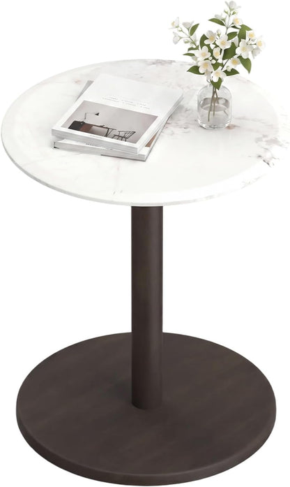 Goflame Round Marble Side Table w/Stone Finish & Wooden Pedestal (1/2)
