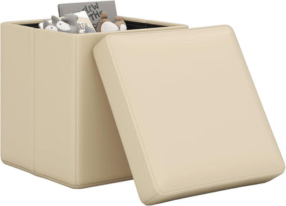 Goflame Cube Storage Ottoman - 15 Inches Folding Ottoman Storage Chest, PVC Leather, Upholstered Footrest