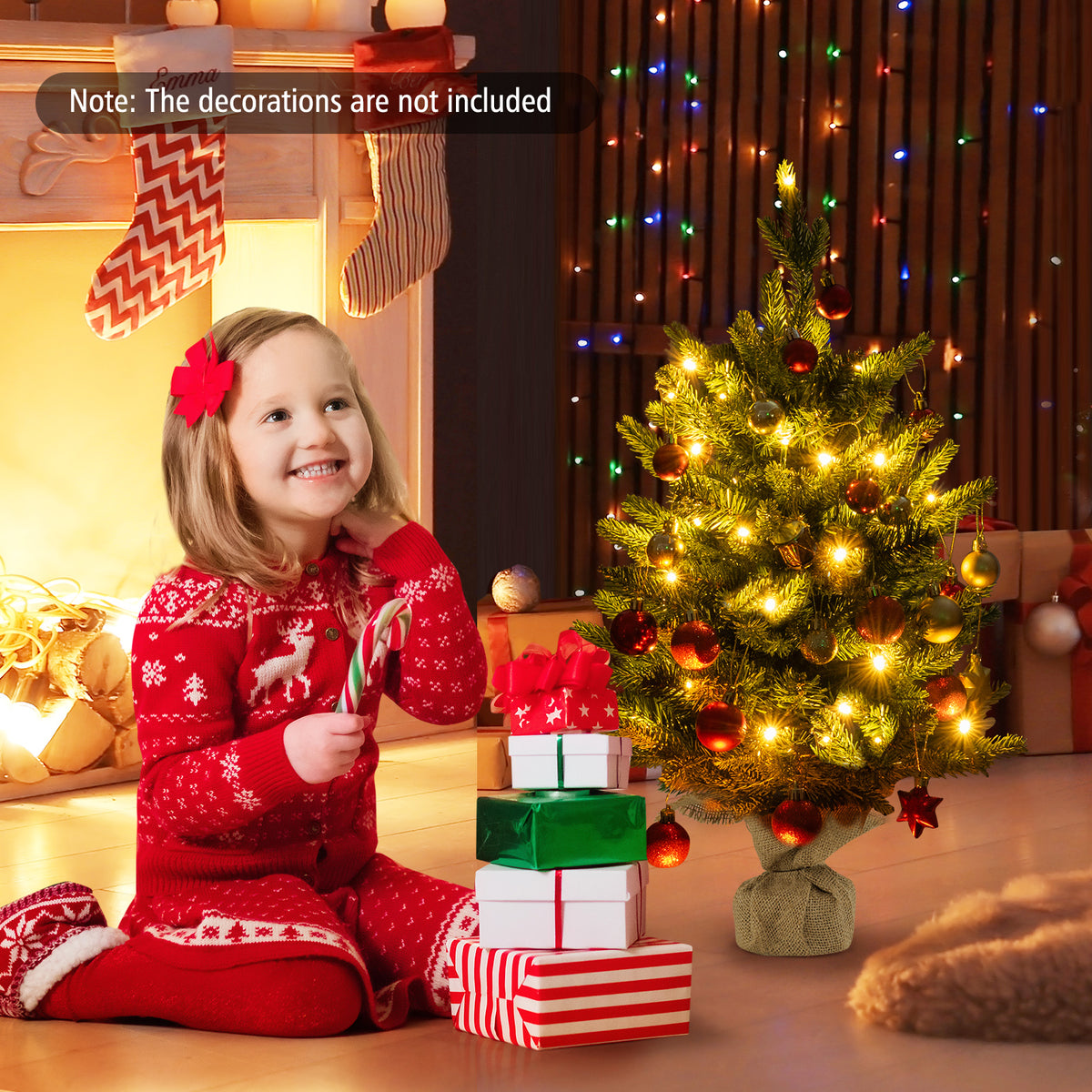 2FT Pre-Lit Artificial Mini Christmas Tree, Small Tabletop Xmas Fir Tree with 234 Branch Tips
