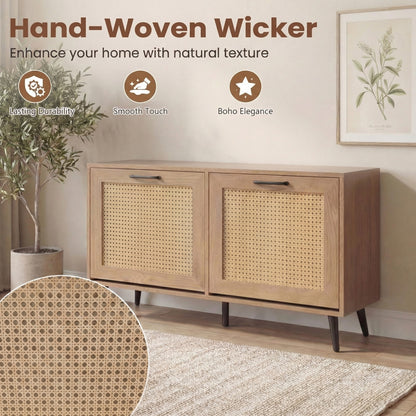 Rattan Shoe Storage Cabinet with 2 Flip Drawers, Hidden Shoe Storage Organizer with Adjustable Shelves and Metal Legs