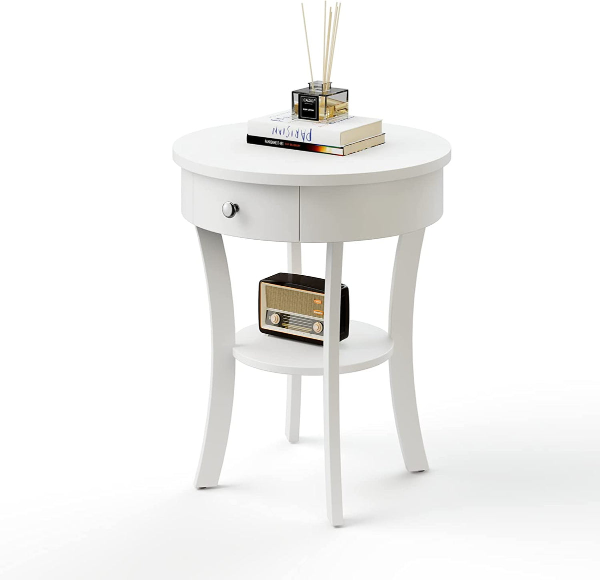 Goflame Round End Table with Drawer, 2-Tier Wood Side Table w/Open Shelf