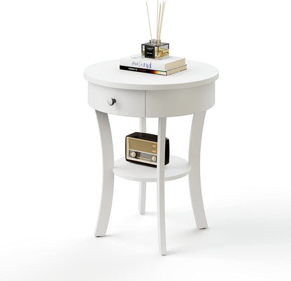 Goflame Round End Table with Drawer, 2-Tier Wood Side Table w/Open Shelf