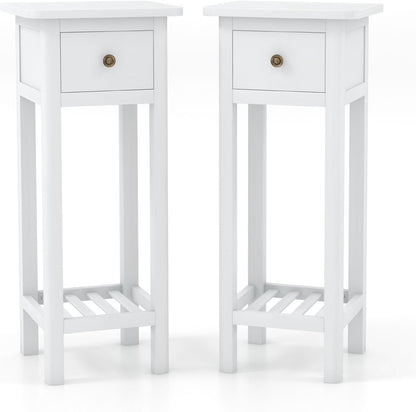 Goflame Narrow End Table with Drawer, Tall Acacia Wood Side Table with Bottom Shelf, Modern Bedside Tables