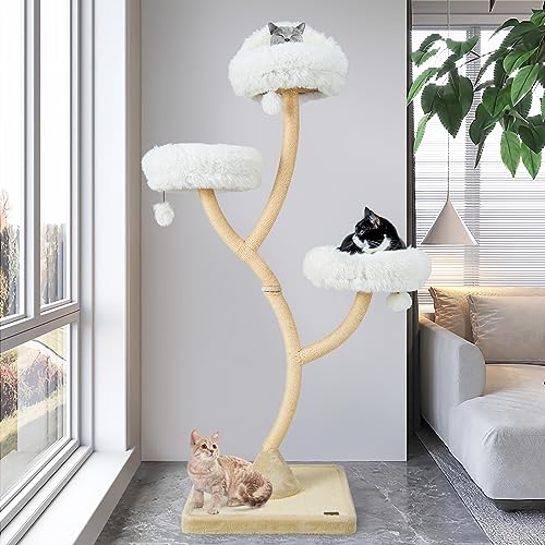 70" Cat Tree Tower, 4-Tier Cat Activity Center with Curved Metal Frame, Sisal Scratching Posts and Board, 3 Plush Perches, Hanging Balls, Cat Furniture for Large Small Cats
