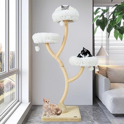 70" Cat Tree Tower, 4-Tier Cat Activity Center with Curved Metal Frame, Sisal Scratching Posts and Board, 3 Plush Perches, Hanging Balls, Cat Furniture for Large Small Cats