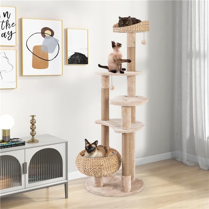 Tall 59" Cat Tree with Sisal Scratching Posts, Cozy Hammock, Washable Cushions, Multi-Level Cat Tower Activity Center for Kittens and Adult Cats Indoor