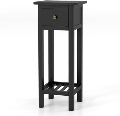 Goflame Narrow End Table with Drawer, Tall Acacia Wood Side Table with Bottom Shelf, Modern Bedside Tables