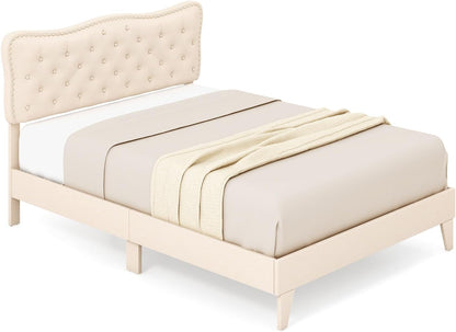 Goflame Full Size Bed Frame Beige, Linen Fabric Upholstered Platform Bed Frame with Nail Headboard