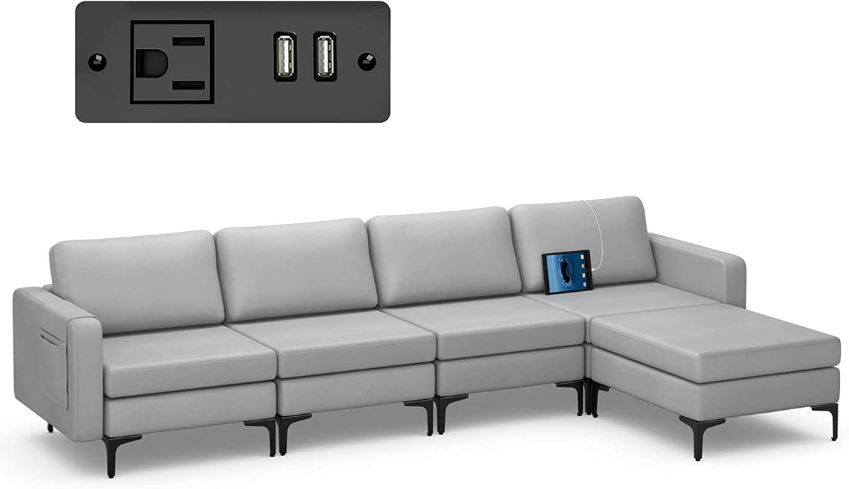 Goflame 4 Seat Convertible Sofa Couch, 123" L Sectional Sleeper with 2 or 1 USB Ports Socket