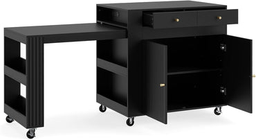 Goflame 72”-44.5” Extendable Kitchen Island with Storage, Power Outlet | Rolling Kitchen Island Table on Wheels w/Fluted Doors