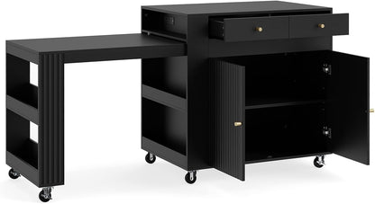 Goflame 72”-44.5” Extendable Kitchen Island with Storage, Power Outlet | Rolling Kitchen Island Table on Wheels w/Fluted Doors