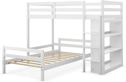 Goflame Twin Over Twin Loft Bed w/ Bookcase, Bunk Bed w/ 12.5" Full-Length Guardrail & Ladder