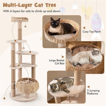 Tall 59" Cat Tree with Sisal Scratching Posts, Cozy Hammock, Washable Cushions, Multi-Level Cat Tower Activity Center for Kittens and Adult Cats Indoor