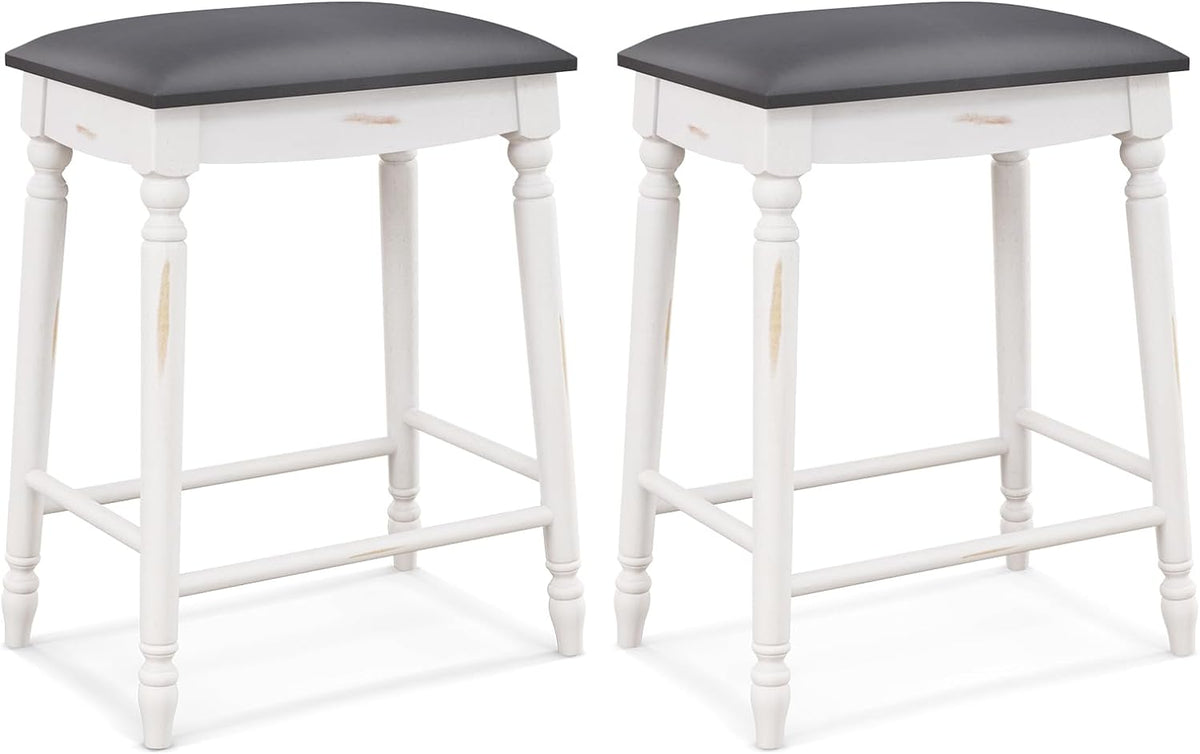 Goflame Bar Stools, 29"/24" Bar Height Saddle Stools w/Padded Seat, Rubber Wood Legs, Footrests & Antiqued Surface