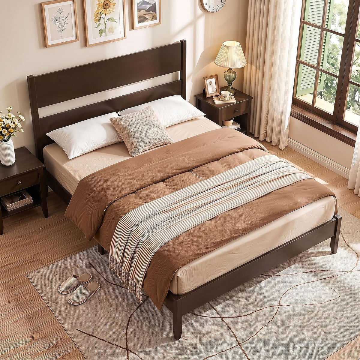 Goflame Queen/Full/Twin Size Wooden Bed Frame with Slatted Headboard
