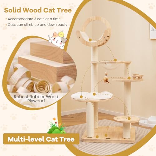 57" Solid Wood Cat Tree for Indoor Cats, Multi-Level Kitten Tower with Perch, Scratching Posts, Washable Cushions, 4 Setup Options Cat Climbing Activity Center