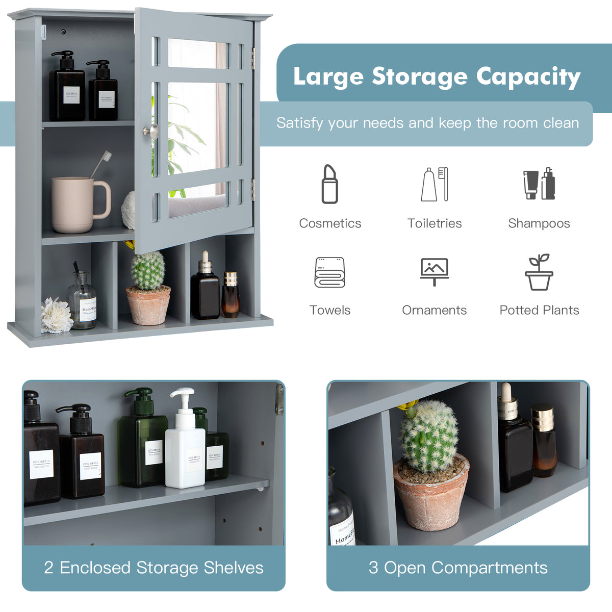 Bathroom Medicine Cabinet with Mirror, Wall Mounted Hanging Storage Organizer with Adjustable Shelf