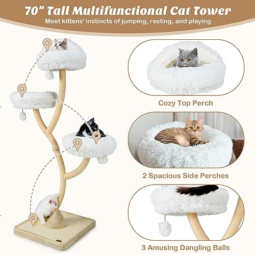 70" Cat Tree Tower, 4-Tier Cat Activity Center with Curved Metal Frame, Sisal Scratching Posts and Board, 3 Plush Perches, Hanging Balls, Cat Furniture for Large Small Cats