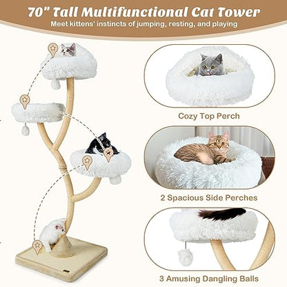 70" Cat Tree Tower, 4-Tier Cat Activity Center with Curved Metal Frame, Sisal Scratching Posts and Board, 3 Plush Perches, Hanging Balls, Cat Furniture for Large Small Cats