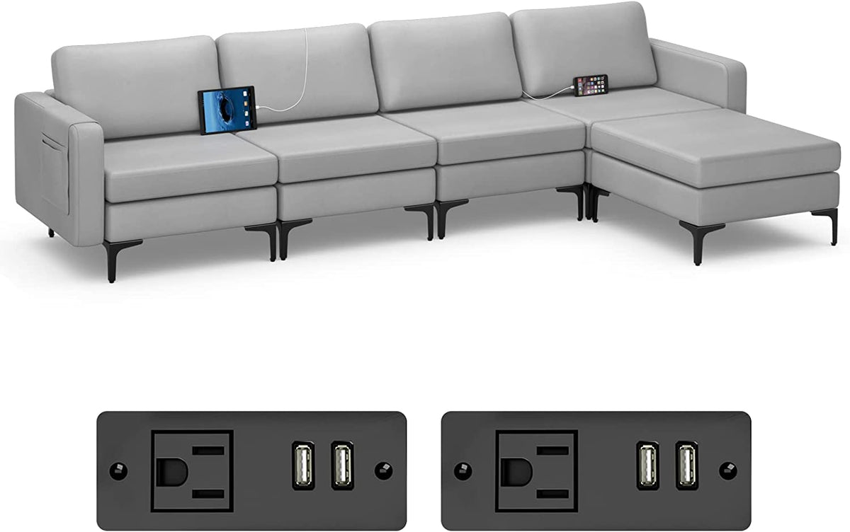 Goflame 4 Seat Convertible Sofa Couch, 123" L Sectional Sleeper with 2 or 1 USB Ports Socket