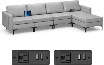 Goflame 4 Seat Convertible Sofa Couch, 123" L Sectional Sleeper with 2 or 1 USB Ports Socket