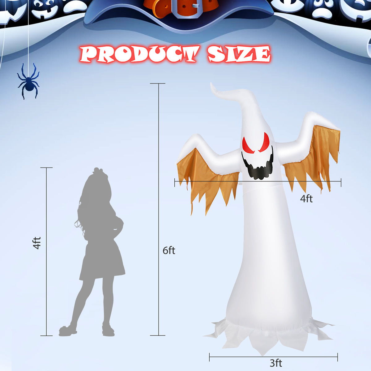 6FT Halloween Inflatable Scary Spooky Ghost, Blow Up Yard Decoration with Built-in Flame Light and Waterproof Blower