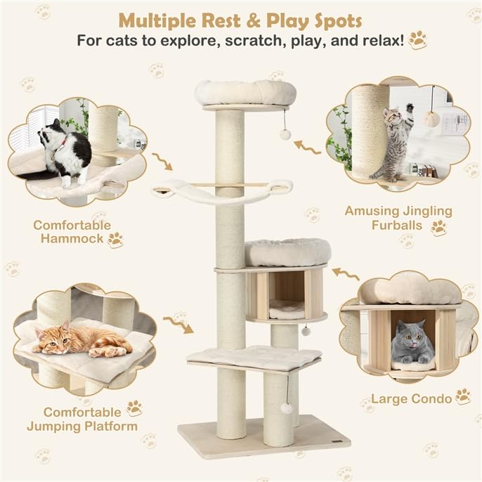 68.5" Wooden Cat Tree Tower, Multi-Tier Tall Cat Activity Tree with Top Plush Perch, Cat Condo, Hammock, Jingling Fur Balls, Platform, Soft Removable Cushions, for Indoor Cats Kittens to Play/Rest