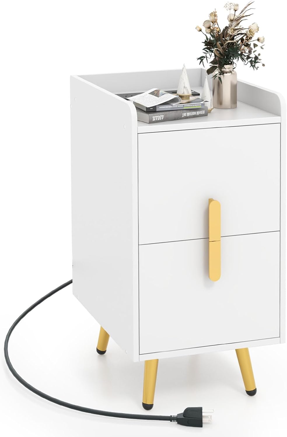 Goflame Nightstand with Charging Station, Narrow End Table with 2 Drawers & Metal Gold Legs