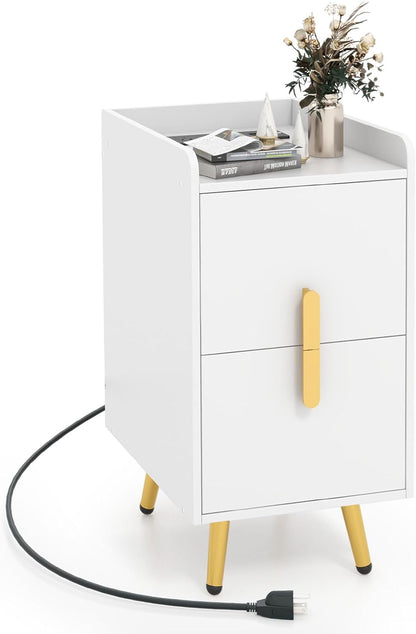 Goflame Nightstand with Charging Station, Narrow End Table with 2 Drawers & Metal Gold Legs