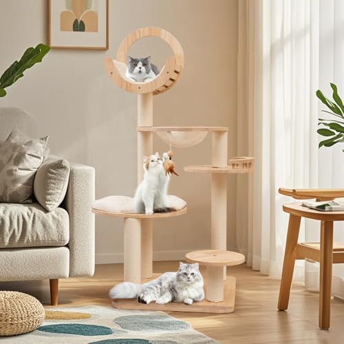 57" Solid Wood Cat Tree for Indoor Cats, Multi-Level Kitten Tower with Perch, Scratching Posts, Washable Cushions, 4 Setup Options Cat Climbing Activity Center