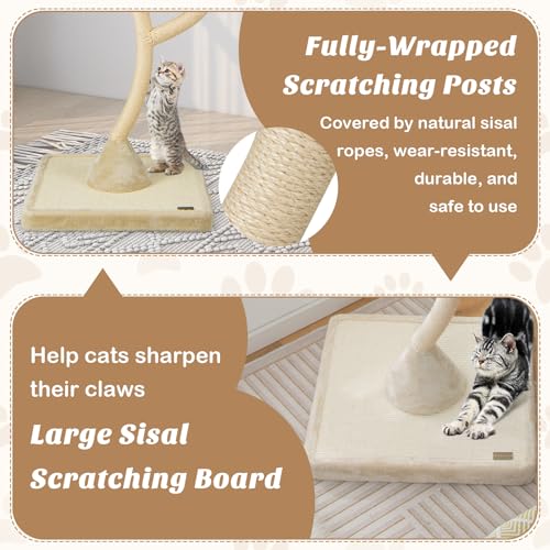 70" Cat Tree Tower, 4-Tier Cat Activity Center with Curved Metal Frame, Sisal Scratching Posts and Board, 3 Plush Perches, Hanging Balls, Cat Furniture for Large Small Cats