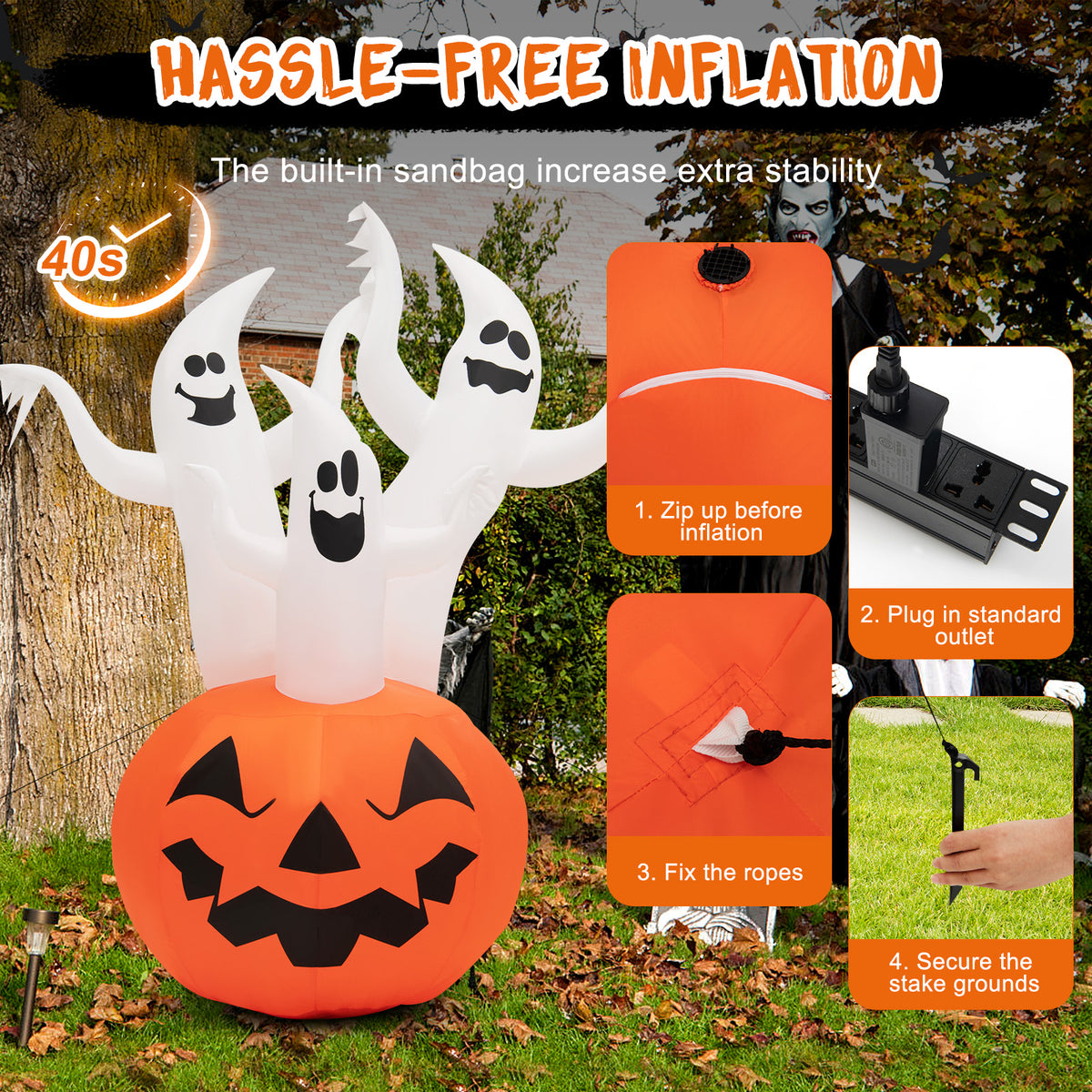 6FT Halloween Inflatable 3 Ghosts in Pumpkin, Blow Up Yard Decoration with Built-in LED Lights & Blower