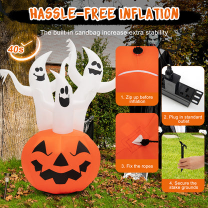 6FT Halloween Inflatable 3 Ghosts in Pumpkin, Blow Up Yard Decoration with Built-in LED Lights & Blower