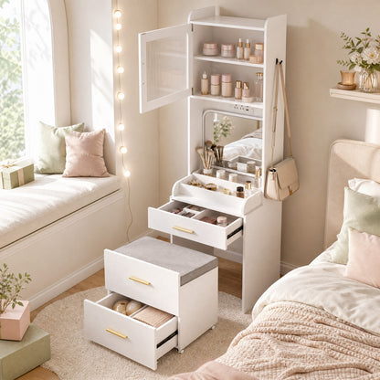 3-in-1 Vanity Desk with Flip Top Mirror, Hidden Rolling Chair, Charging Station