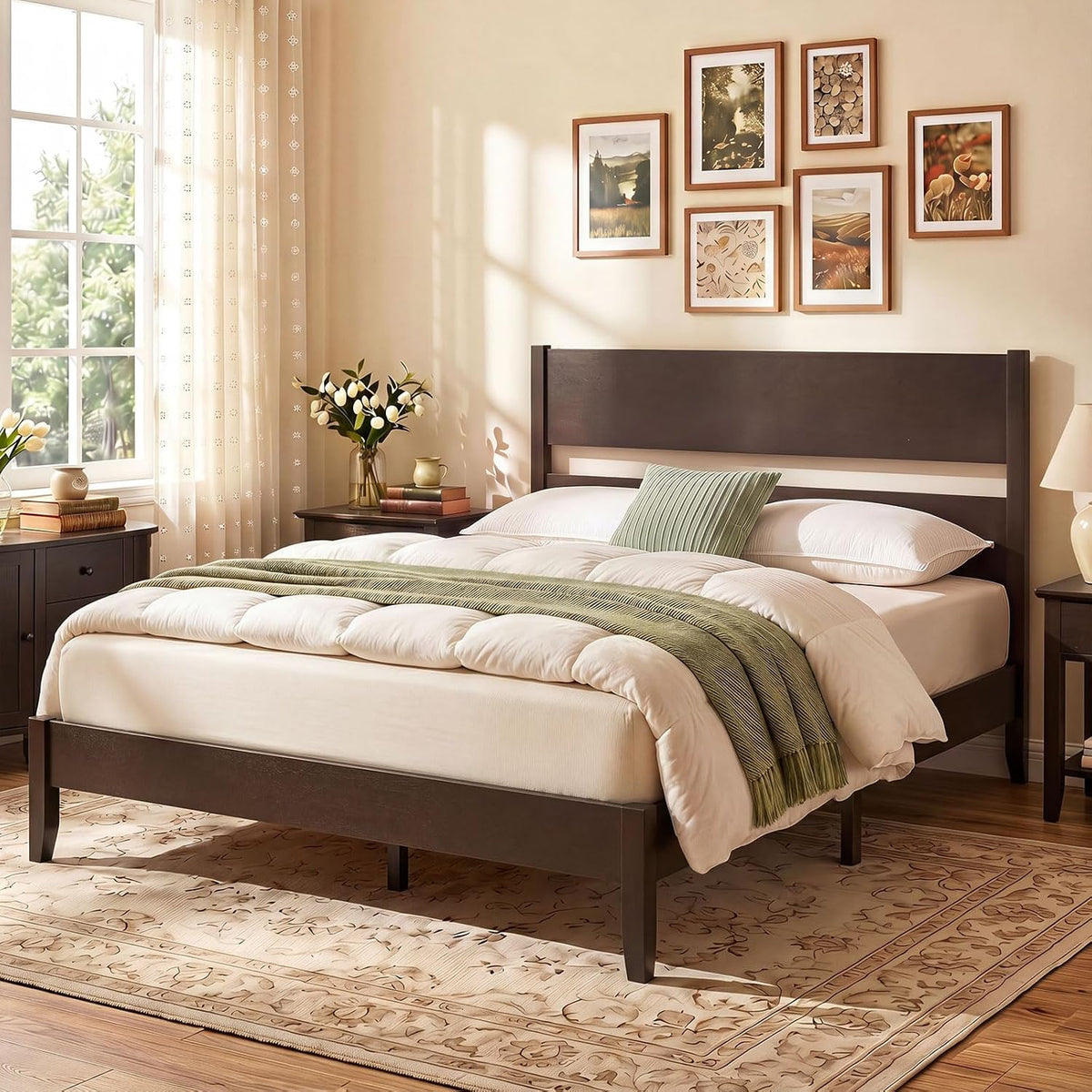 Goflame Queen/Full/Twin Size Wooden Bed Frame with Slatted Headboard