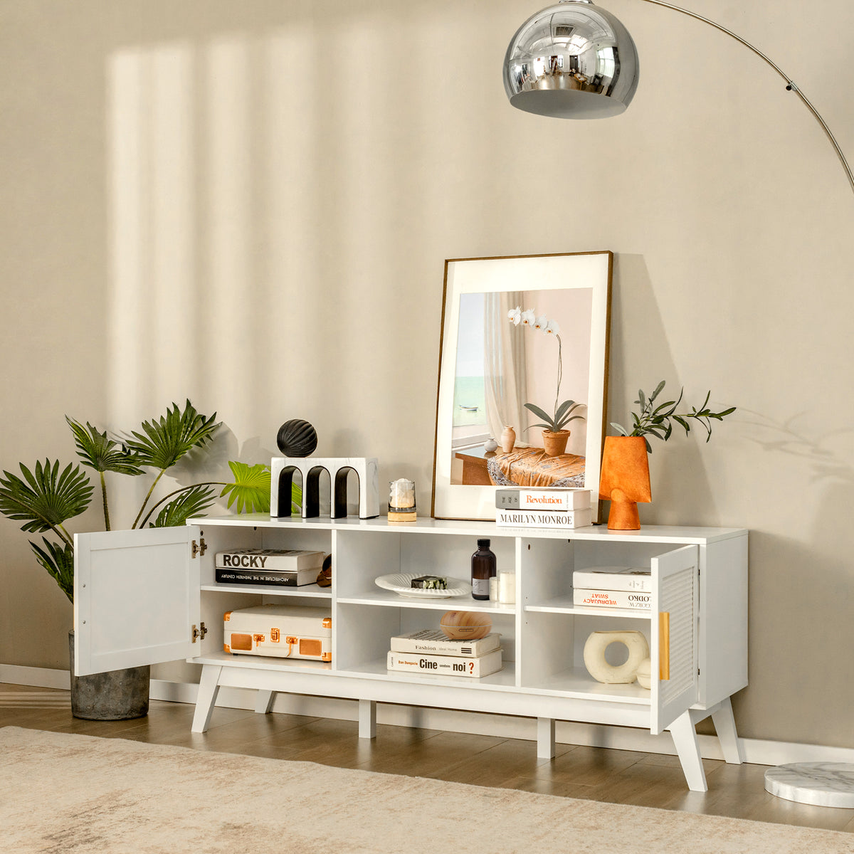 Rattan TV Stand for TVs up to 65 Inch, Modern Entertainment Center with Storage Cabinet
